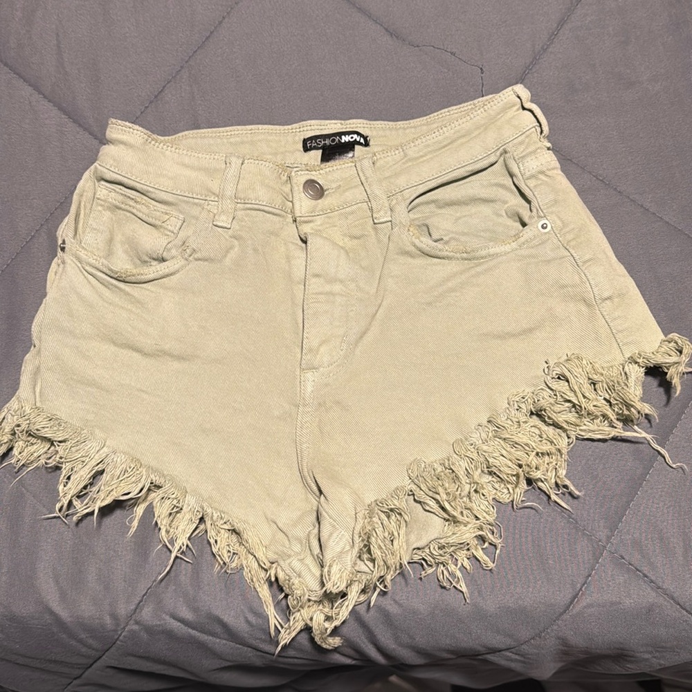 Fashion Nova Green Distressed Jean Shorts